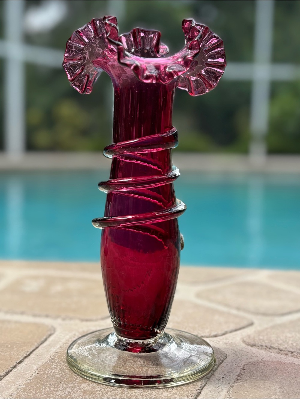 Handblown Cranberry Glass Art Vase with Twisted Clear Accent
